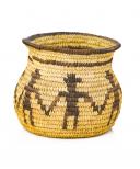 The basket is in an olla shape and has brown figures in hats holding hands around a pale background.