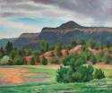A landscape of purple mountains under blue with white clouds, in the background.  Green trees and grass in the foreground, with a golden flatland at foreground, left. The loaction is Glorieta Mesa from front door of Tom Dickerson's house in La Cuera (son of William.)