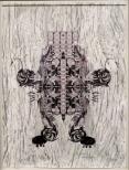 Image is an abstracted pattern that is mirrored and repeated, on a background textue of wood. Motifs include eyes, hands, fish, dog bones, and vertebrae.