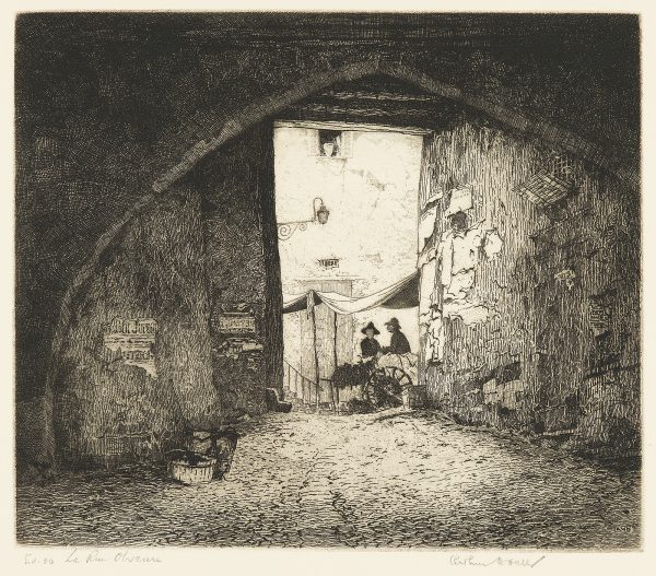 Two figures are seen with a cart, through a pointed stone arch. They have a fabric supported by poles, shielding them from the sun. Baskets are visible at the left and fragments of posters are on the stone walls.