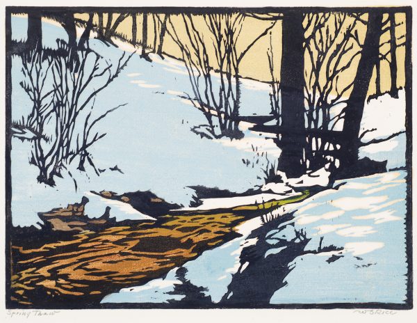 A stream runs from the bottom left to center of the image. Trees and small brush jut from the snow on both stream banks.