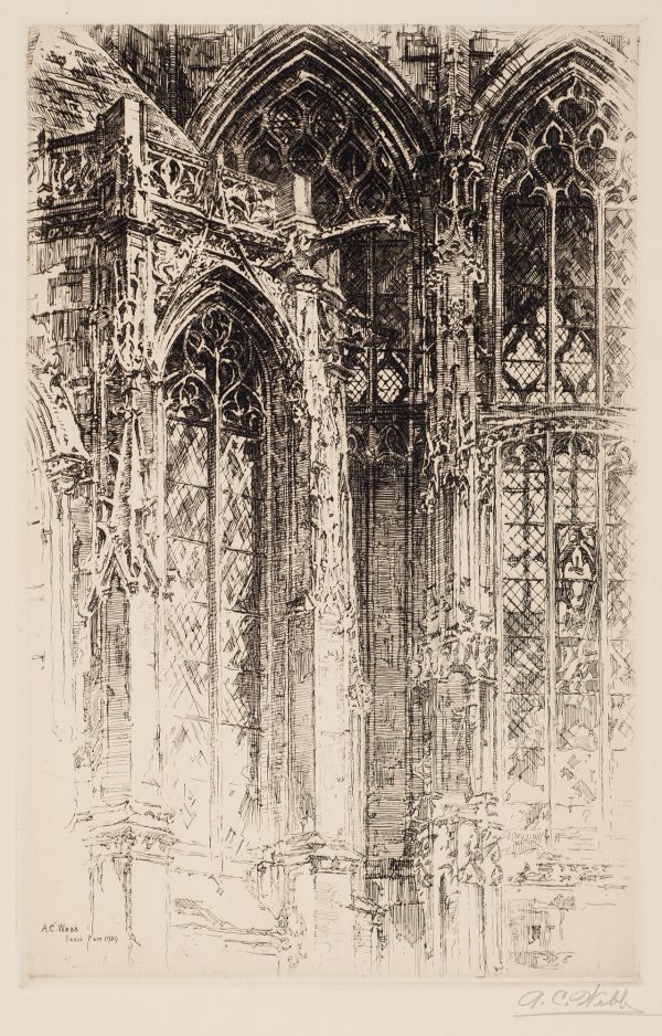 Chicago Society of Etchers Presentation print, 1929
The exterior view of stained glass windows at a cathedral in Paris