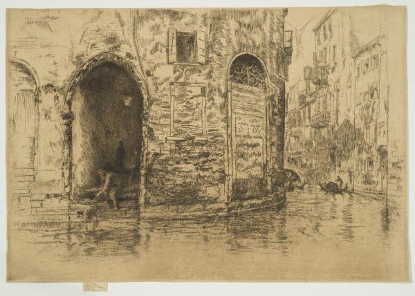 A canal in Venice shows an open doorway at left with several figures. Another doorway is closed.