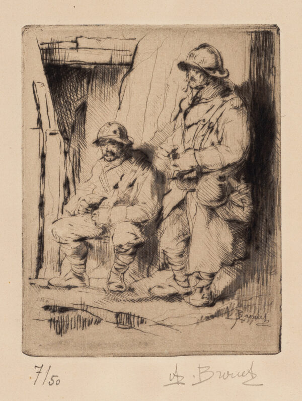 Two soldiers in full gear, including helmets are in a bunker. The man on the left is sitting, and the man on the right is standing, both are smoking pipes.