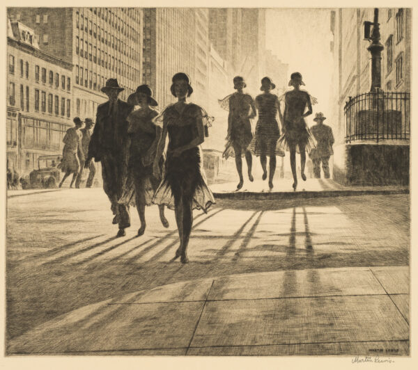 A cityscape of figures in groups of three, walking toward the viewer. Their faces and figures are in shadow, and their shadows stretch out in the street before them.