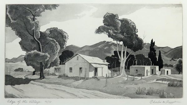 A road running from center left to bottom center with buildings and trees throughout and mountains in the background. The buildings on the right are adobe, on the left wood.