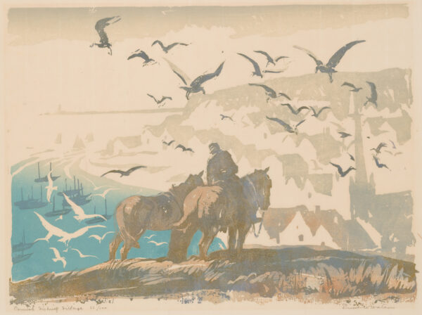 Man on horseback posed over a village with another horse to his left. Water and boats are at the left of image with many birds flying above.