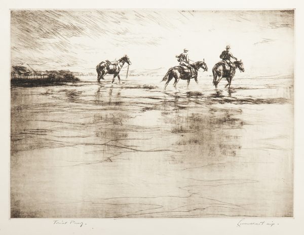 Two men on horseback travel across water with another horse behind.