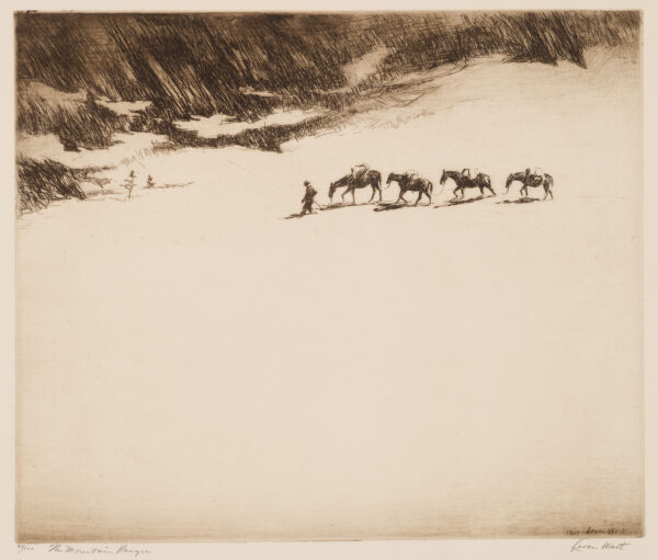 In the distance, a man leads four horses across snow with plants in the background.