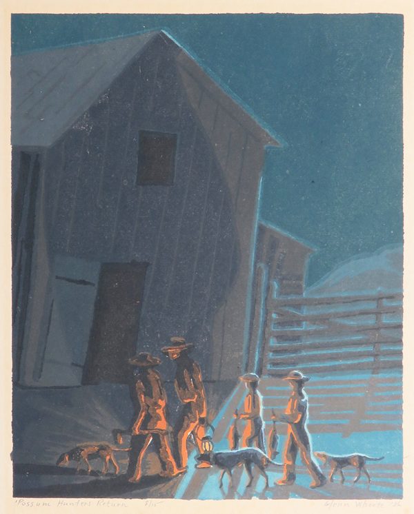 Two men in hats lead two boys with hats behind hold possums in their hands. One man holds a lantern and the other holds an axe. There are three dogs along as they walk past a barn and gate.