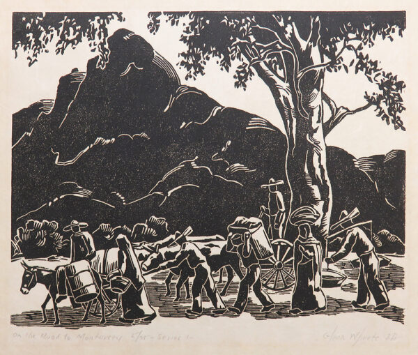 Silhouettes of people walk along with belongings and animals on a trail with a mountain and a tree in the background.