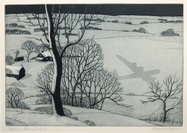 The shadow of a war plan is seen on the snow at right. A lone tree is in the foreground and mid-ground has several leafless trees. There is a farm on the left and in the background are multiple small hills with groves of trees.