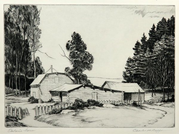 A white picket fence is in front of a farm built of logs. On right and left are trees and lone tree is at the center.