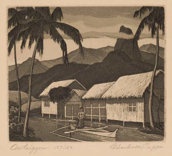 A man stands in an outrigger rowing down a river with four thatched buildings at the river's edge. Palm trees are on each side and mountains are in the background.
