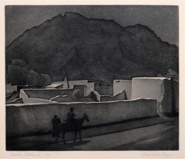 A man on a donkey (wearing a hat) and a woman walk along an adobe wall. The adobe village is beyond the wall and a large mountain is behind the village. The scene is at nighttime.