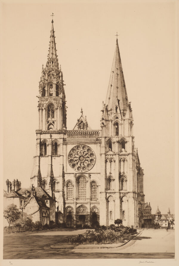 Chartres Cathedral from the front showing two towers and a rose window.