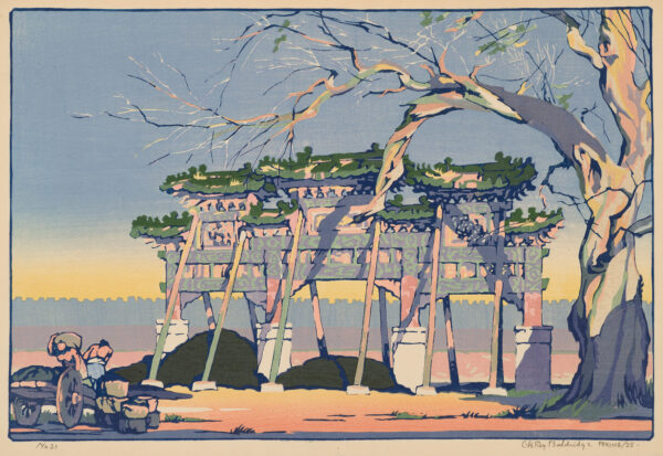 A temple gate is being constructed. The gate is propped up with supporting wood. Two men at the bottom left are moving large stones from a cart. A large nearly leafless tree is on the right, framing the gate.