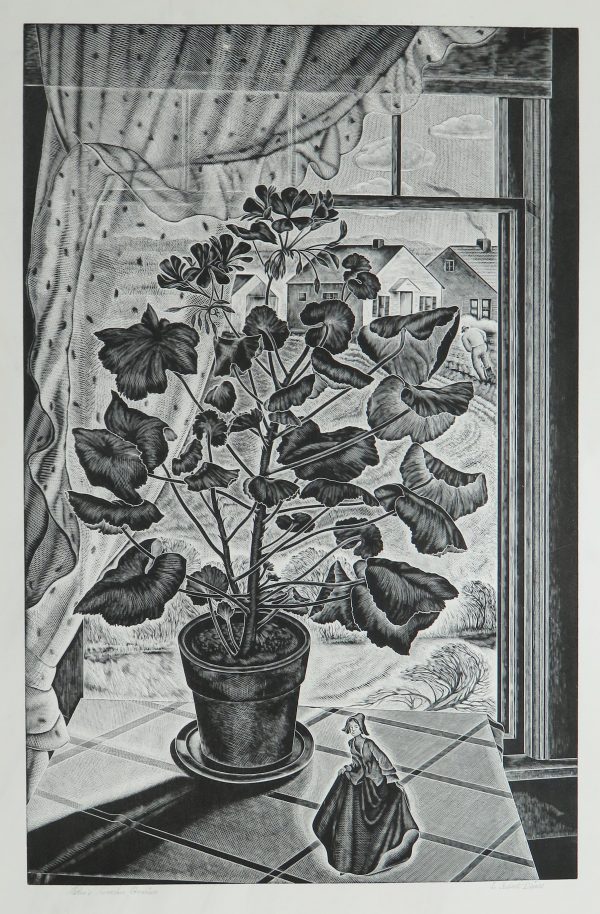 A pot of geraniums sit in front of an open window with billowing lace curtains.