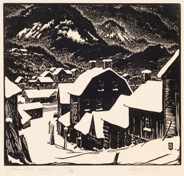 Houses with road and a couple of people on the street, mountain side in the background, snow on roof tops.