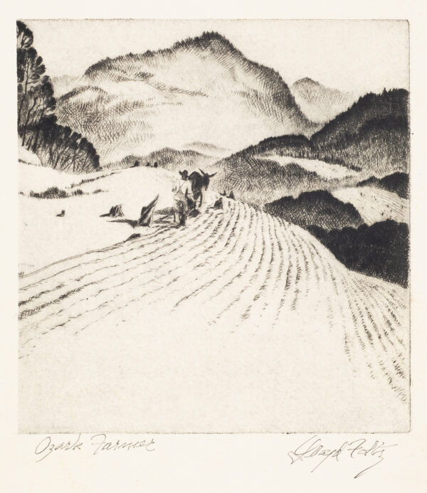 A plowed field is on a step hillside. A farmer in overall follows a donkey and single plow. Mountains are in the background.