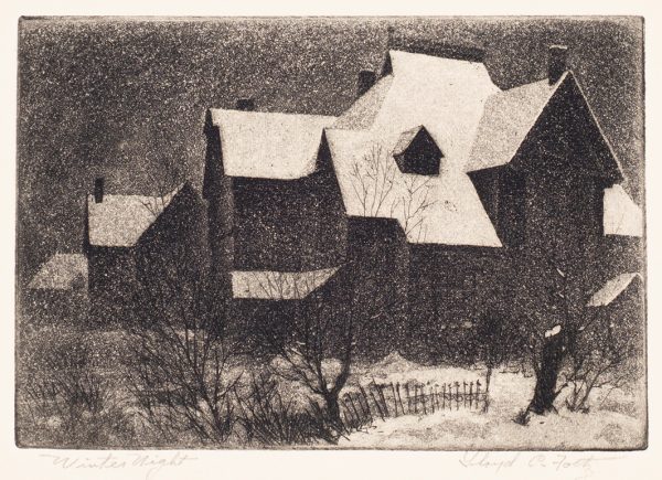 Large house with snow covered roof top, baren brush and snow-covered yard