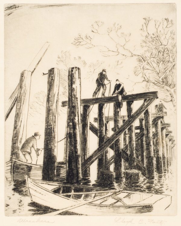 Three men building log bridge structure. Paddle boat in foreground