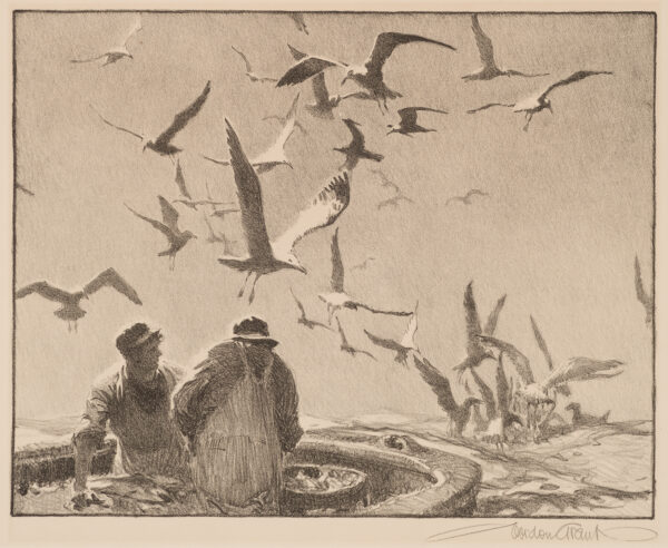 Two figures in a boat with hats on in lower left corner watch birds fly above them in the sky.