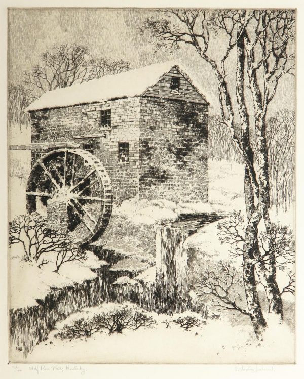 A watermill stands in a stream with a brick cabin near by. there are trees surrounding the image.