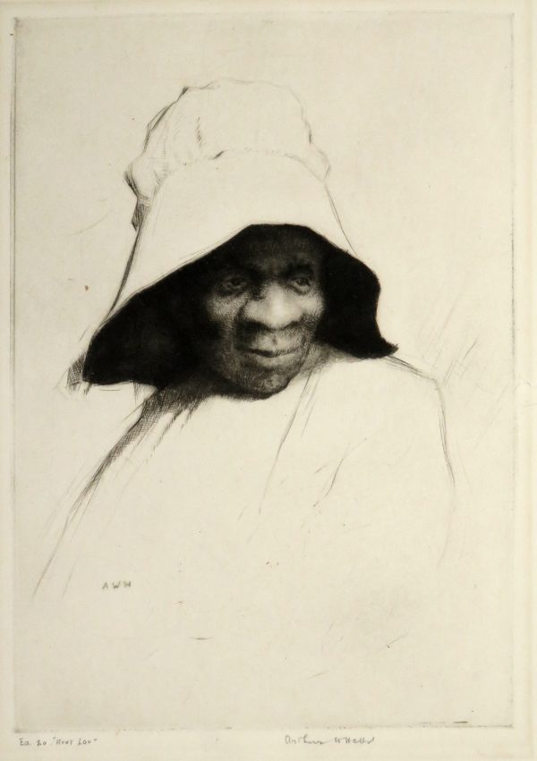 Dark older woman in a hat sketch, 3/4 view turning head back to her left and down.