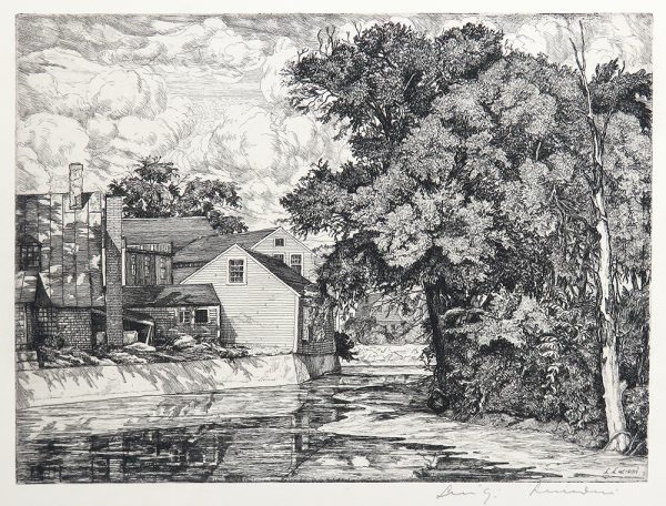 Mill on river with trees and clouds