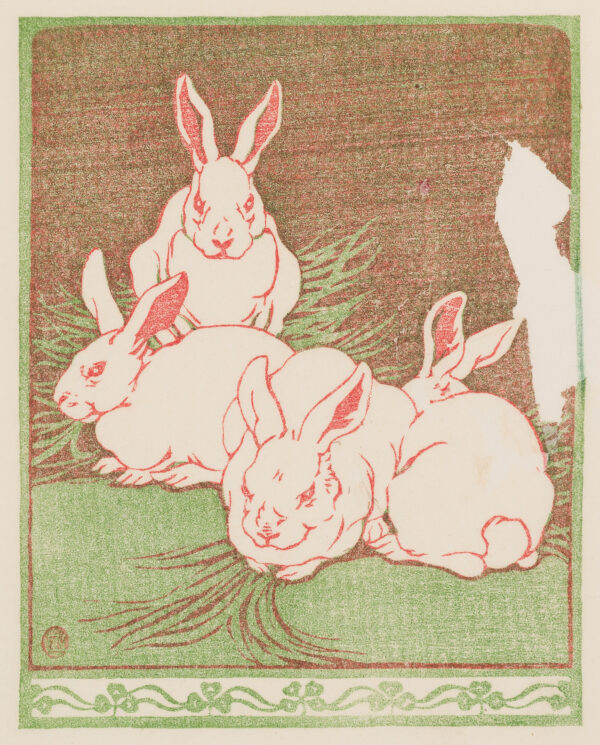Four rabbits together. Two look forward, one is in profile, and another turned away.