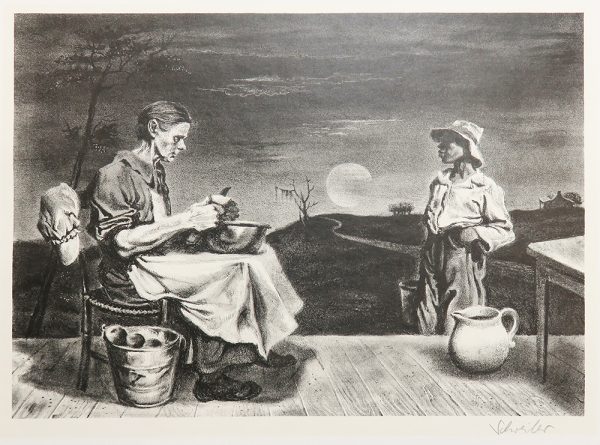A man sits in a chair on a porch to the left, cutting a piece of fruit. another man stands at the right on the ground with a hat, watching him. There is a path in the background and a large full moon in the night sky.
