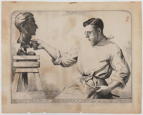 The artist Bruce Moore stands sculpting the bust of his friend, the artist C.A. Seward.