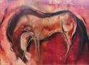 A slightly abstracted horse in reds. The legs are elongated points, no hoofs.
