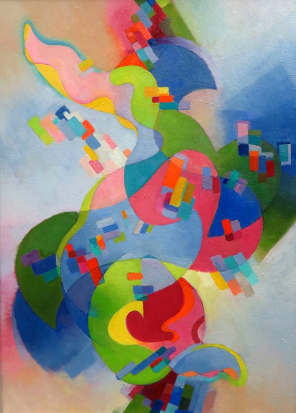 A non-objective compostion in bright colors: greens, rose and blue colors predominate. There is an overall linear design filled in with rectangular shapes. The larger shapes/colors blend from dark to light.