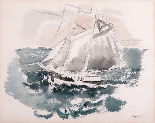 A sailboat on green seas.