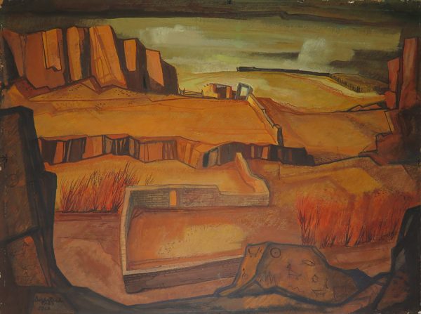Rust colored canyon walls, desert and stone fence, which forms a line leading to hut in the distance. There are rock paintings scattered around the edges of horned animals, birds, and possibly fish.