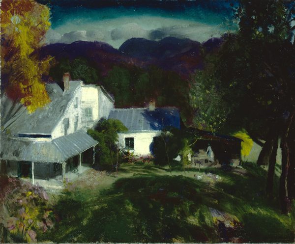 A woman in green apron and green hat works under an open sided shed attached to a farmhouse. On the left is a wrap around porch. Chickens are nearby and the foreground and behind the house is a late spring green. In the distance are purple mountains and dark clouds rise above the horizon.