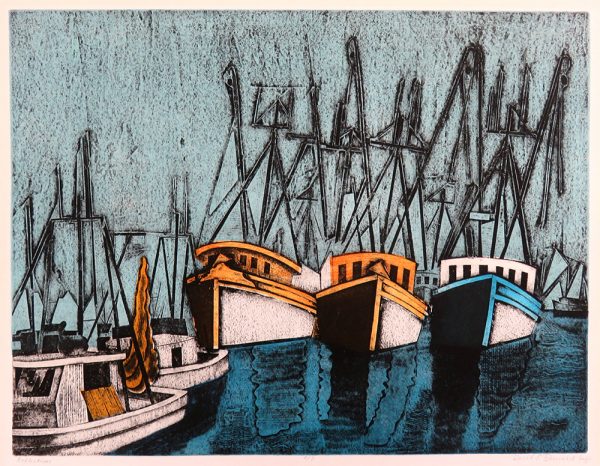 Three boats face the viewer with a fourth seen from the side on the left of the image. All of the boats are docked with not sails up. The blue of the water is echoed in the sky and the boat on the right