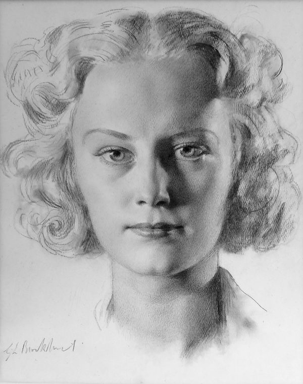 A portrait of a young woman. She looks straight at the viewer. her hair is medium length with curls.