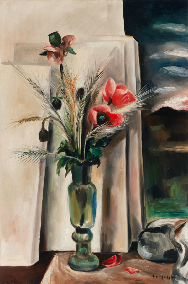 Vase with poppies and cattails set in front of some empty canvases on a desk