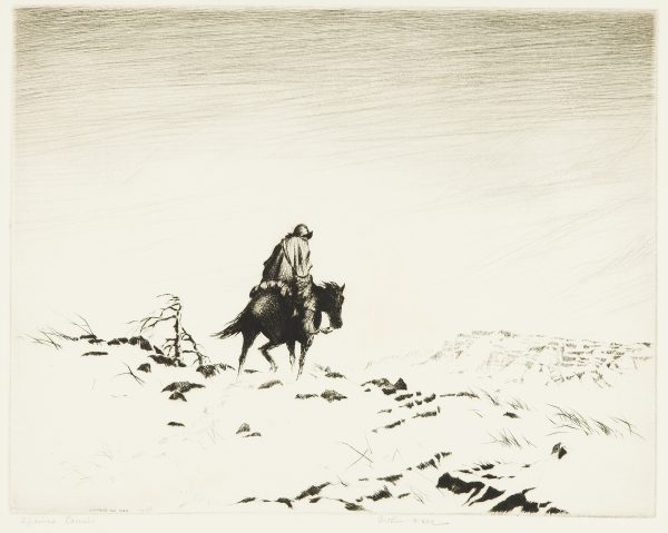 A man travels in a grassy plain on horseback.