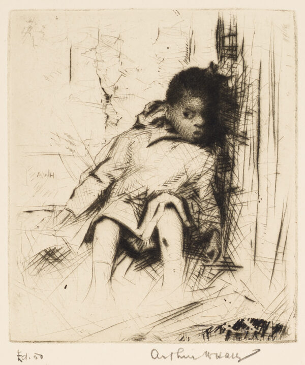 A young child sits in a shadowy corner looking out of the corner of his eye.