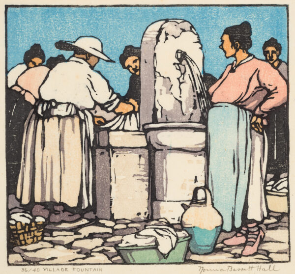 Several individuals are huddled around a fountain in which they are doing laundry and gathering water from.