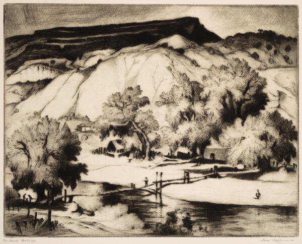 A large body of water at foreground has a bridge overtop where a person crosses. Figures are present on either side of the bridge with houses and trees on one side. There are mountains in the background.