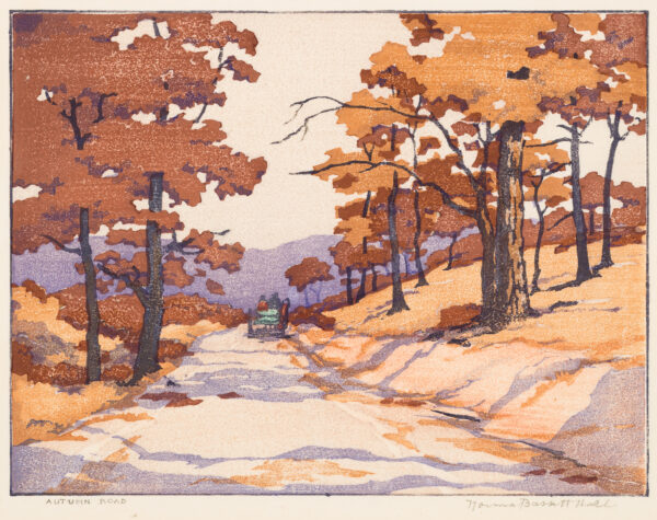 A horse and wagon with two figures are at the center of a road. On each side are trees with golden leaves. Shadows cross the road