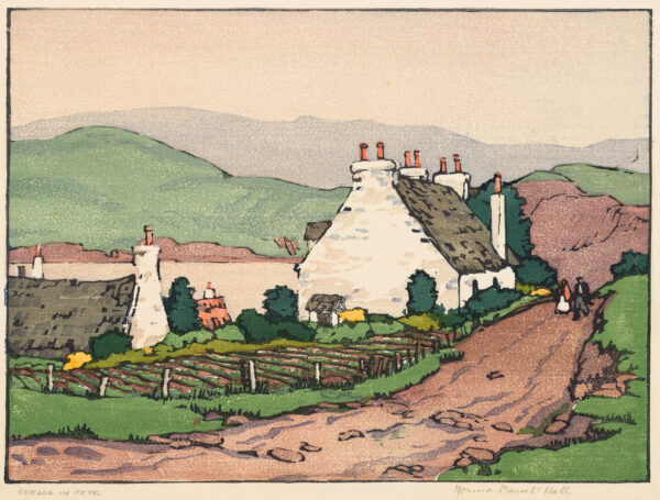 A dirt road with two figures runs from the bottom left to the right center. A white cottage with red smoke stacks is to the left of the road. A garden and another cottage roof is at the left.