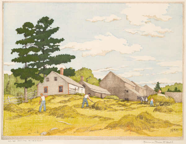 A farm including a house and several barns is in the background. In the foreground is a hay field with several men with pitch forks working to load a cow driven cart.