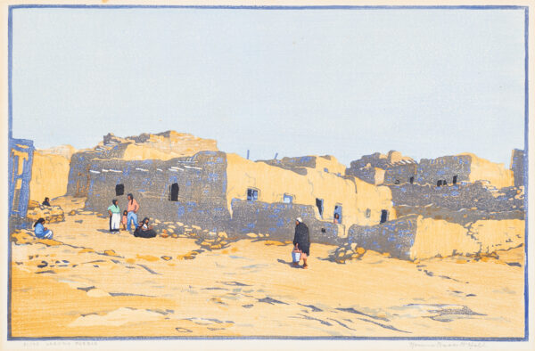 Multiple figures are in front of a large block of adobe houses. A woman carrying a pail is at center, A woman making bread or pottery is at left.