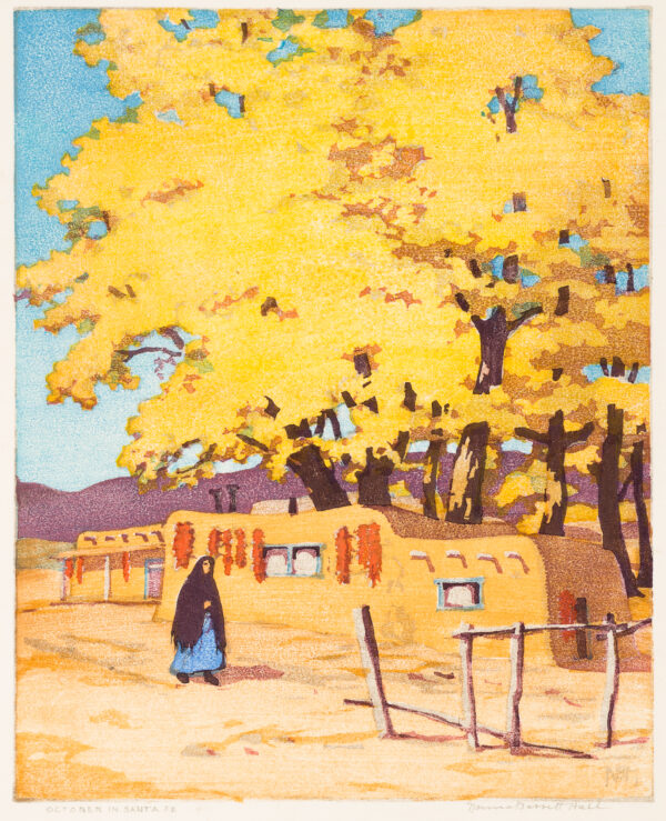 Yellow cottonwoods on a blue sky loom over an adobe building adorned with chili. A woman at center, in black shawl, blue skirt walks toward a wood fence.
